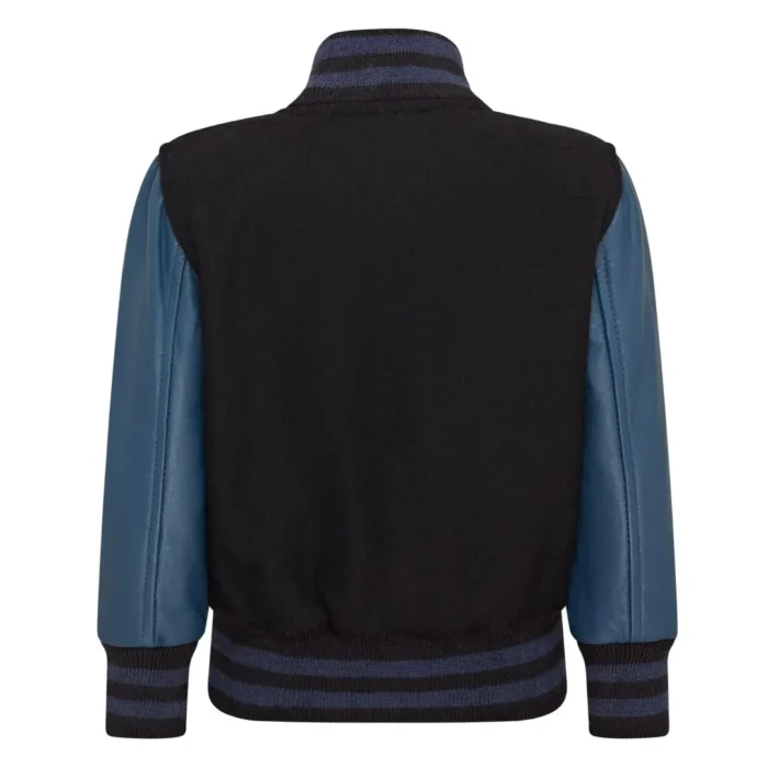 Kids Black Navy Varsity Bomber Jacket Wool Body Real Leather Sleeves - Image 3