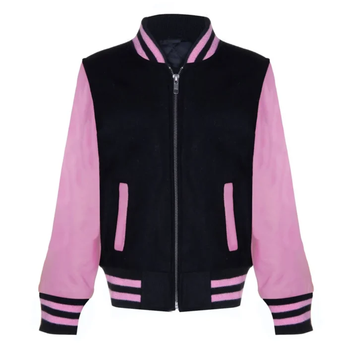 Kids Black Pink Varsity Bomber Jacket Wool Body Real Leather Sleeves - Image 1
