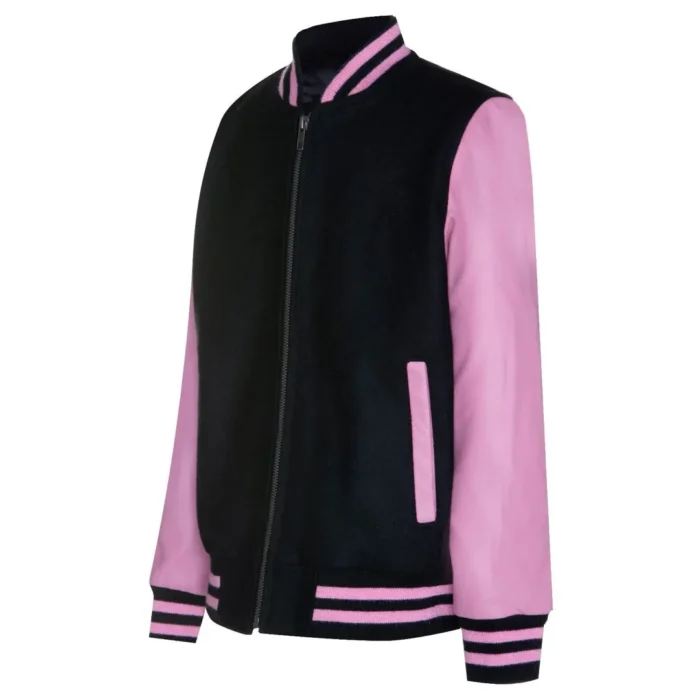 Kids Black Pink Varsity Bomber Jacket Wool Body Real Leather Sleeves - Image 2