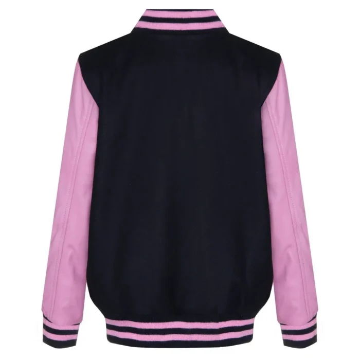 Kids Black Pink Varsity Bomber Jacket Wool Body Real Leather Sleeves - Image 3