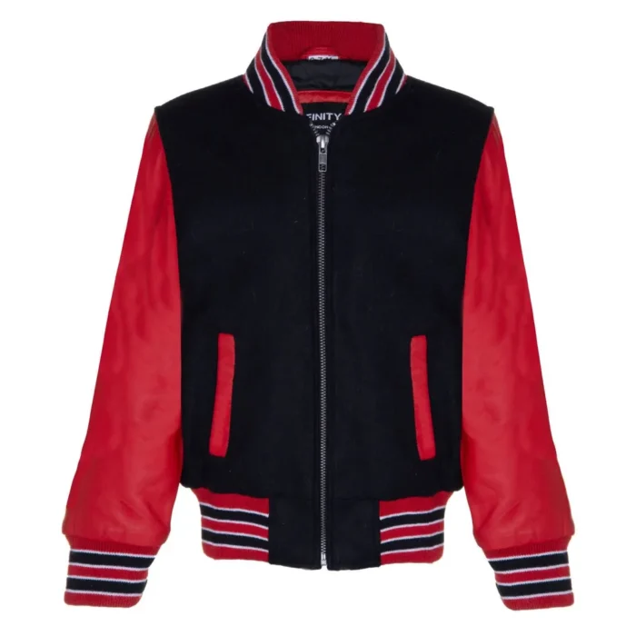 Kids Black Red Varsity Bomber Jacket Wool Body Real Leather Sleeves - Image 1