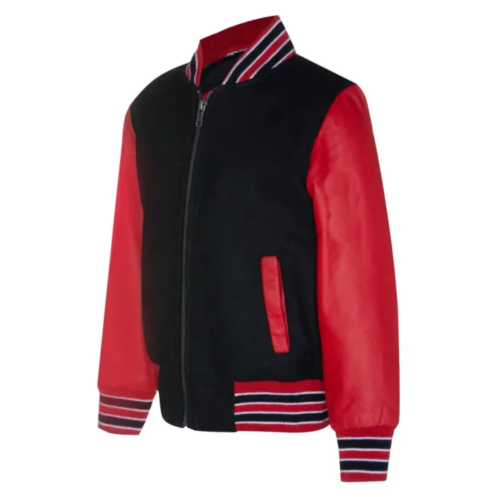 Kids Black Red Varsity Bomber Jacket Wool Body Real Leather Sleeves - Image 2