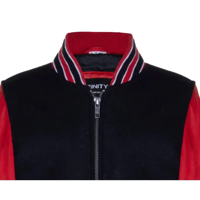 Kids Black Red Varsity Bomber Jacket Wool Body Real Leather Sleeves - Image 4