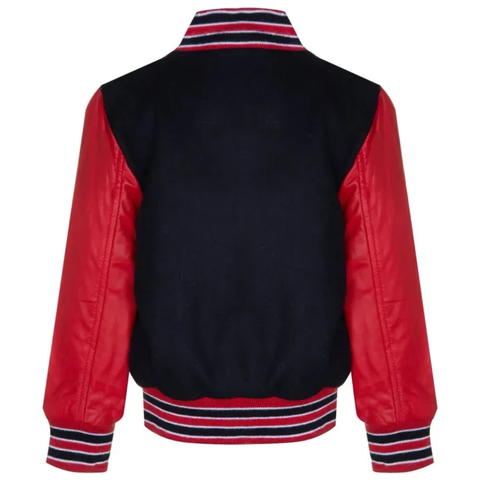 Kids Black Red Varsity Bomber Jacket Wool Body Real Leather Sleeves - Image 3