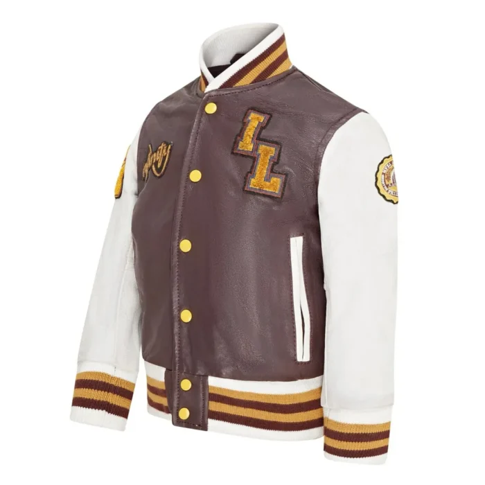 Kids Burgundy Genuine Leather Bomber Jacket Baseball Letterman Coat - Image 2