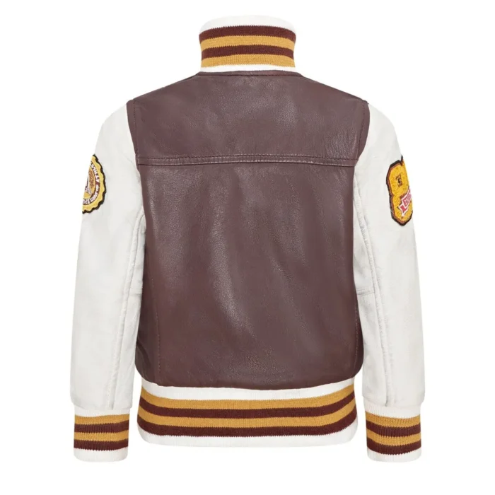 Kids Burgundy Genuine Leather Bomber Jacket Baseball Letterman Coat - Image 3