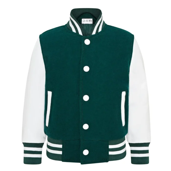 Kids Green White Varsity Bomber Jacket Wool Body Real Leather Sleeves - Image 1
