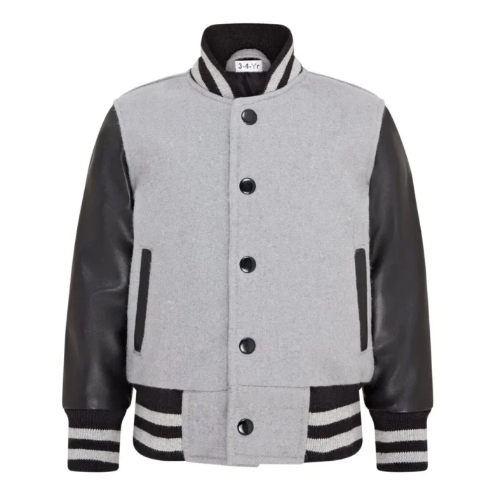 Kids Grey Black Varsity Bomber Jacket Wool Body Real Leather Sleeves - Image 1