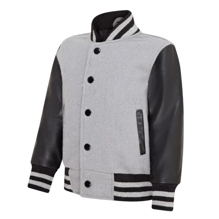 Kids Grey Black Varsity Bomber Jacket Wool Body Real Leather Sleeves - Image 2