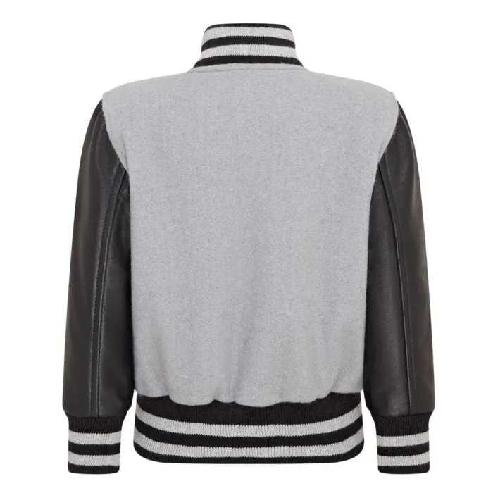 Kids Grey Black Varsity Bomber Jacket Wool Body Real Leather Sleeves - Image 3