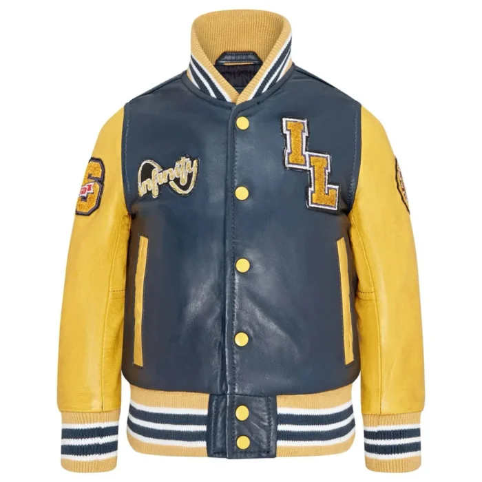 Kids Navy Blue Genuine Leather Bomber Jacket Baseball Letterman Coat - Image 1