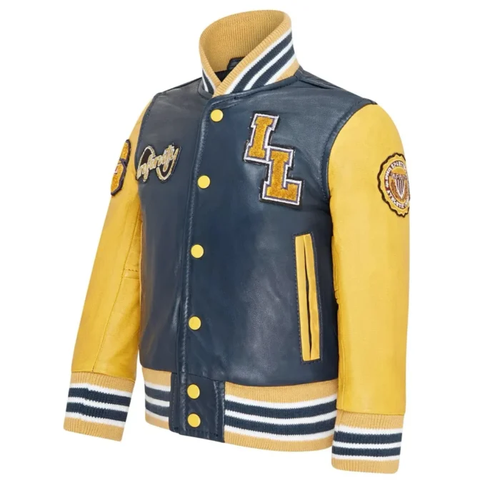Kids Navy Blue Genuine Leather Bomber Jacket Baseball Letterman Coat - Image 2