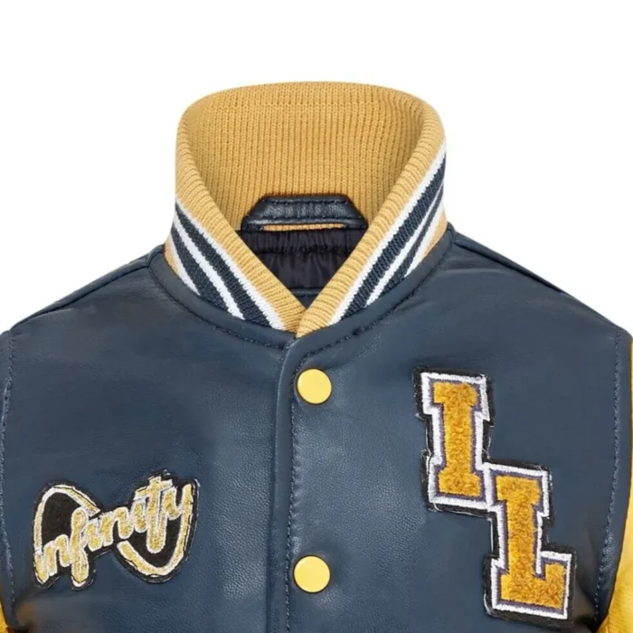 Kids Navy Blue Genuine Leather Bomber Jacket Baseball Letterman Coat - Image 4