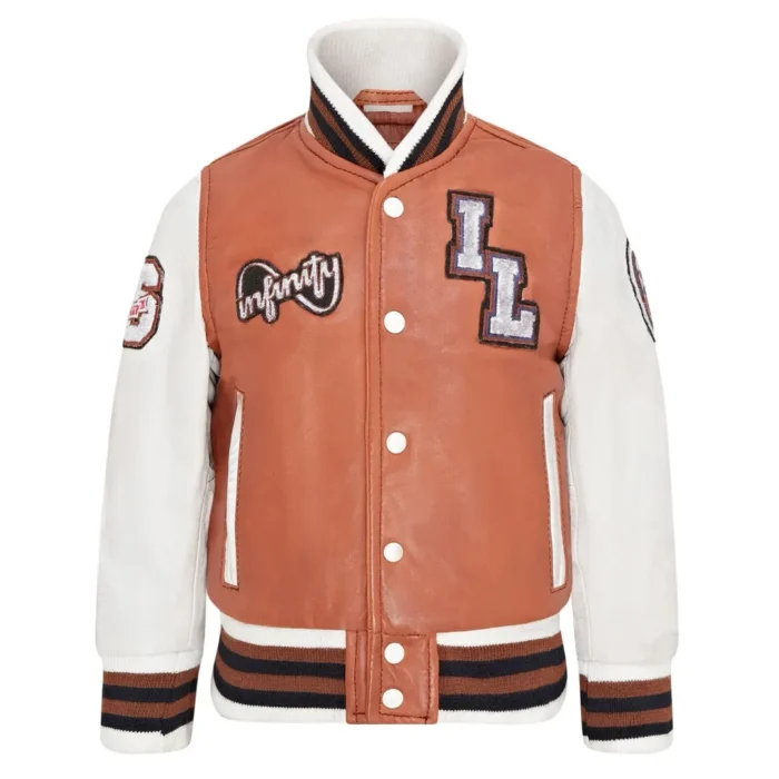 Kids Tan Brown Genuine Leather Bomber Jacket Baseball Letterman Coat - Image 1