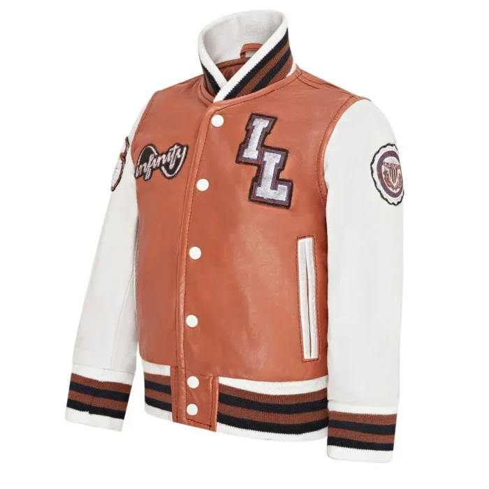 Kids Tan Brown Genuine Leather Bomber Jacket Baseball Letterman Coat - Image 2