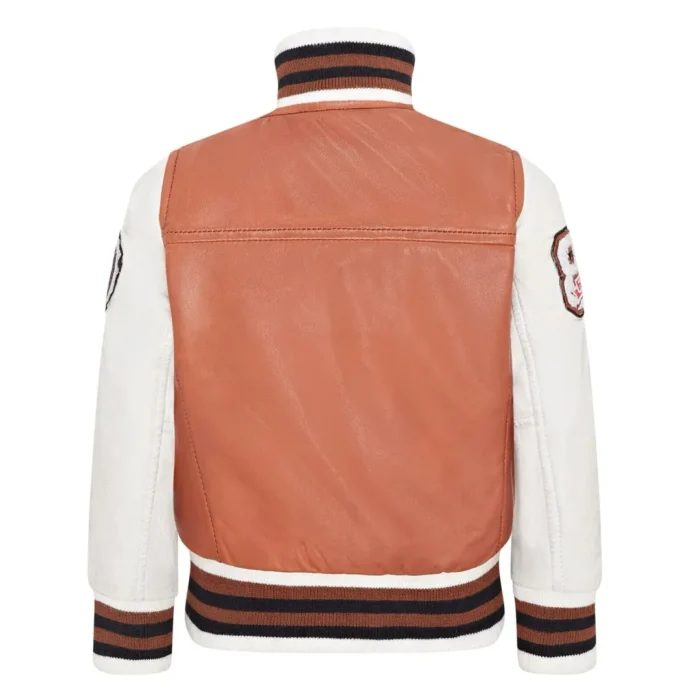 Kids Tan Brown Genuine Leather Bomber Jacket Baseball Letterman Coat - Image 3