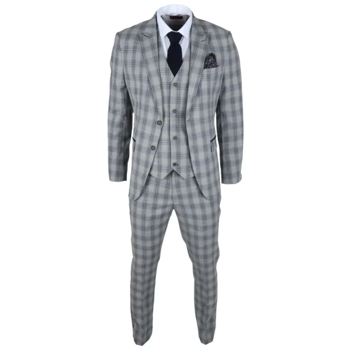 Men's Suit 3 Piece Grey Blue Checked Classic Plaid Tailored Fit Formal Dress - Image 3