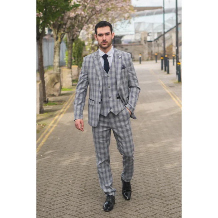 Men's Suit 3 Piece Grey Blue Checked Classic Plaid Tailored Fit Formal Dress - Image 2