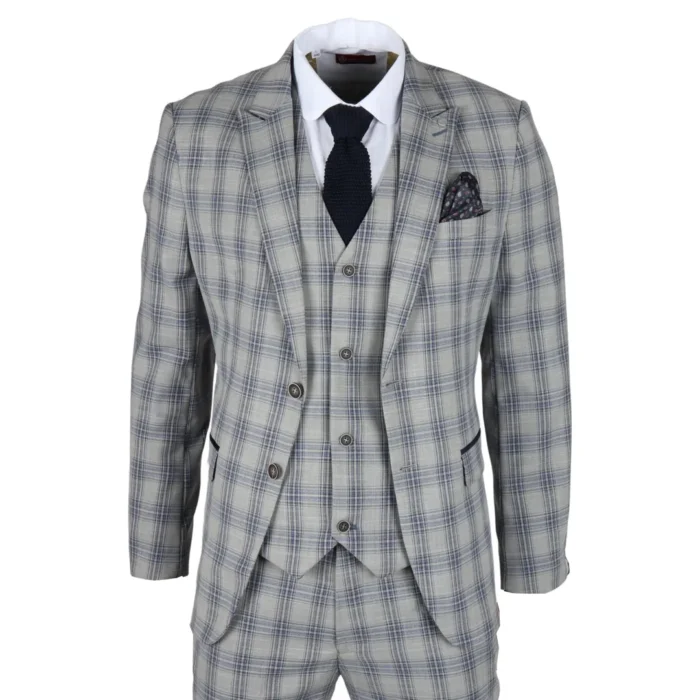 Men's Suit 3 Piece Grey Blue Checked Classic Plaid Tailored Fit Formal Dress - Image 1