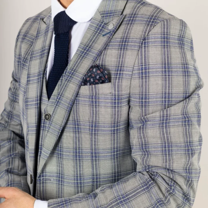 Men's Suit 3 Piece Grey Blue Checked Classic Plaid Tailored Fit Formal Dress - Image 4