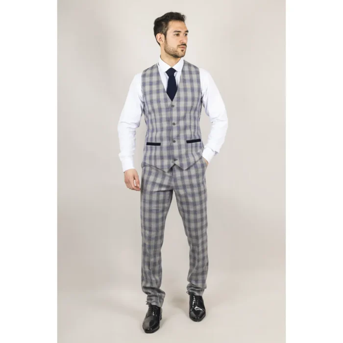 Men's Suit 3 Piece Grey Blue Checked Classic Plaid Tailored Fit Formal Dress - Image 5