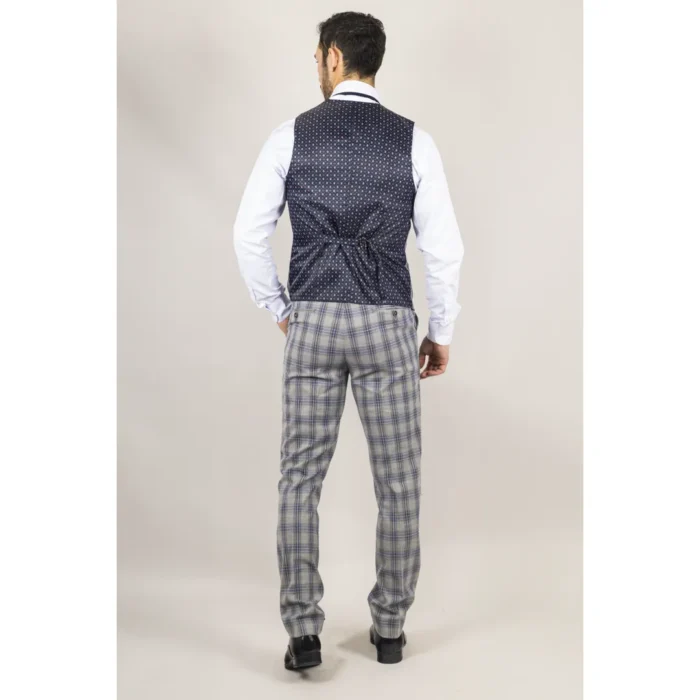 Men's Suit 3 Piece Grey Blue Checked Classic Plaid Tailored Fit Formal Dress - Image 6