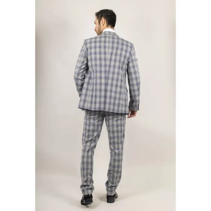 Men's Suit 3 Piece Grey Blue Checked Classic Plaid Tailored Fit Formal Dress - Image 7
