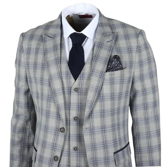 Men's Blazer Grey Blue Checked Classic Sport Coat Plaid Tailored Fit - Image 2