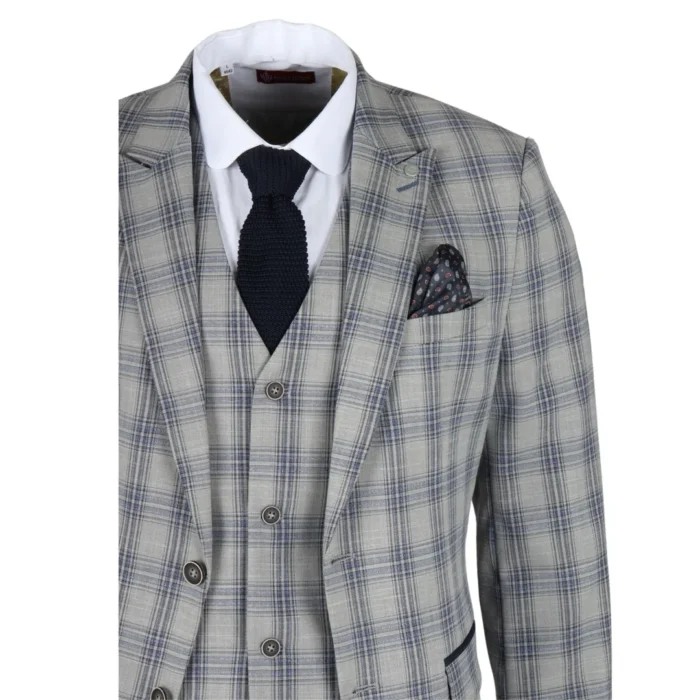 Men's Blazer Grey Blue Checked Classic Sport Coat Plaid Tailored Fit - Image 3