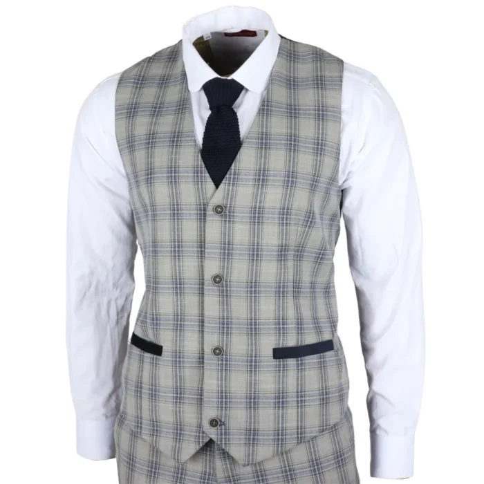 Men's Waistcoat Grey Blue Checked Tailored Fit Vest - Image 1