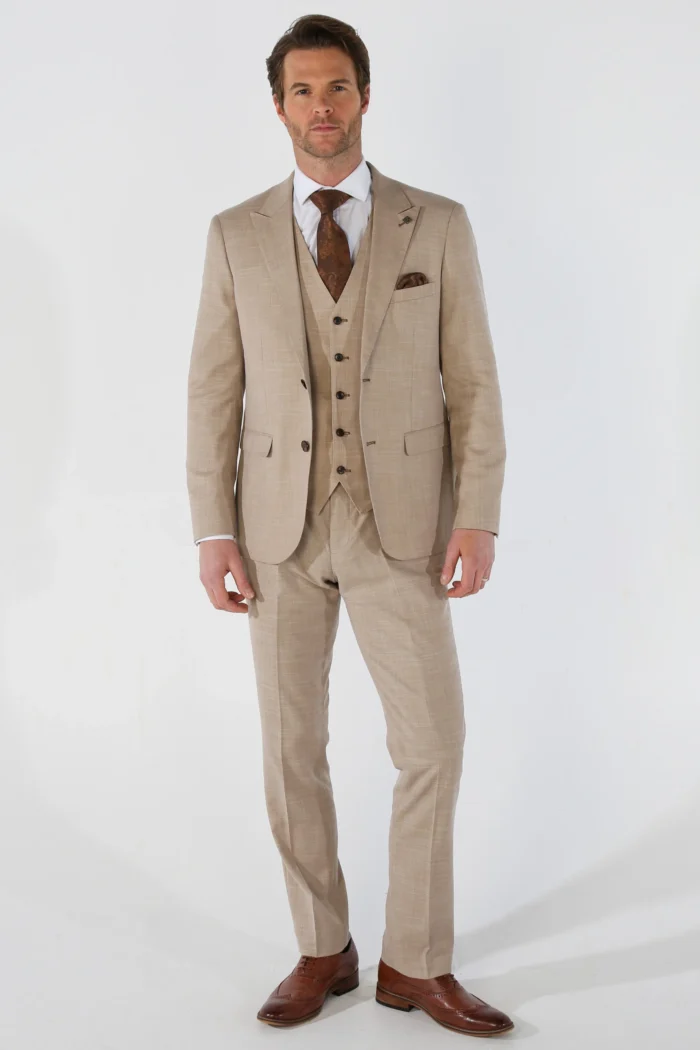 Men's Suit 3 Piece Beige Tailored Fit Summer Wedding - Image 2