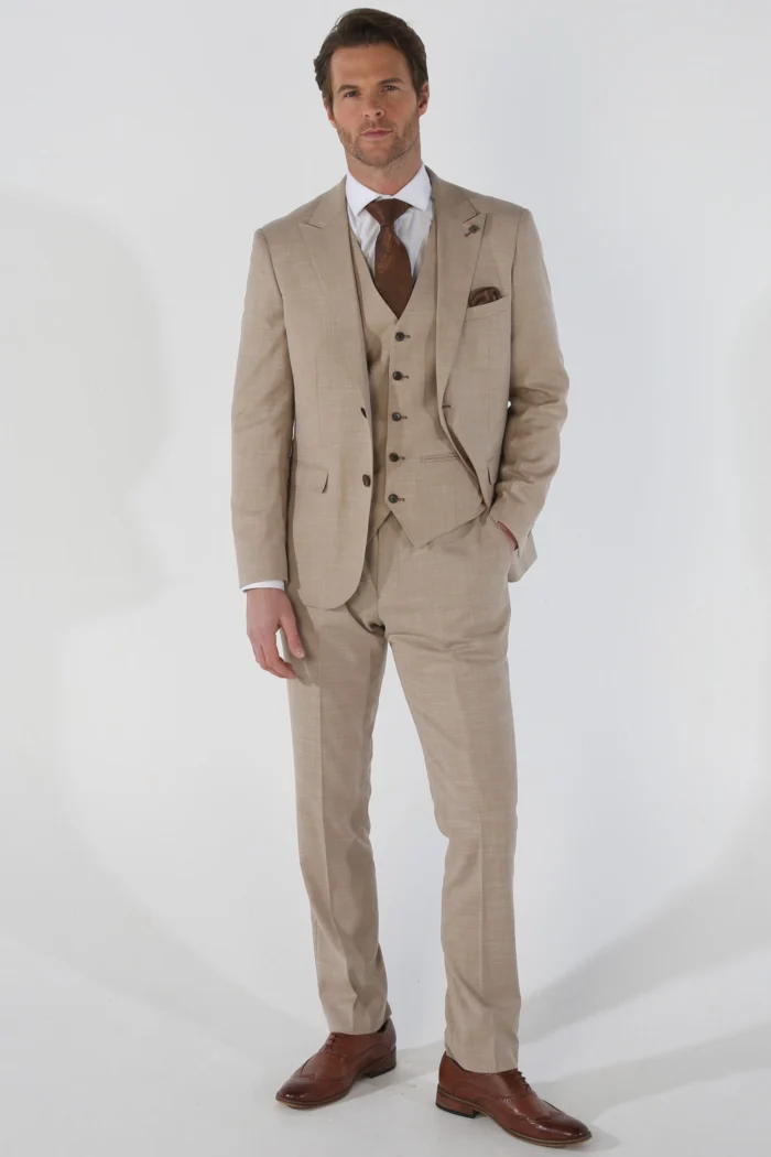 Men's Suit 3 Piece Beige Tailored Fit Summer Wedding - Image 3