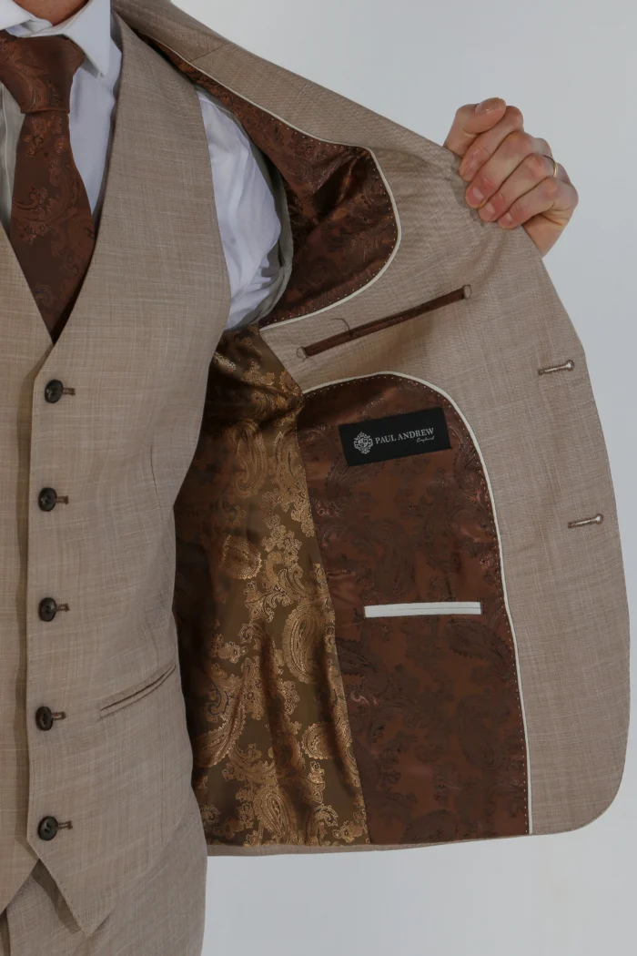 Men's Suit 3 Piece Beige Tailored Fit Summer Wedding - Image 4