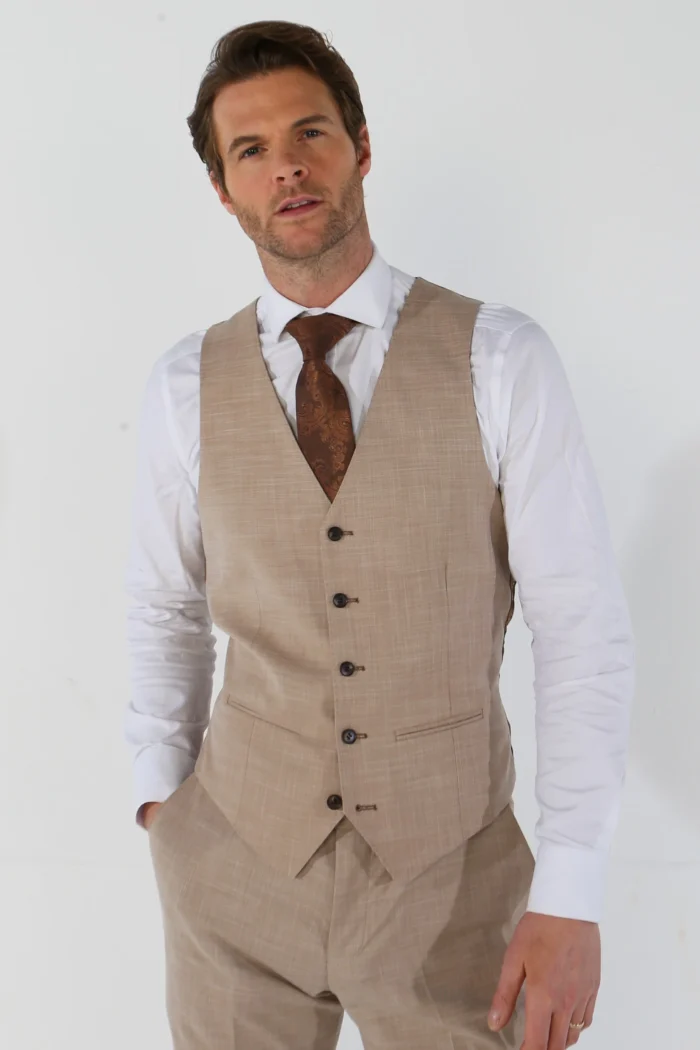 Men's Suit 3 Piece Beige Tailored Fit Summer Wedding - Image 6