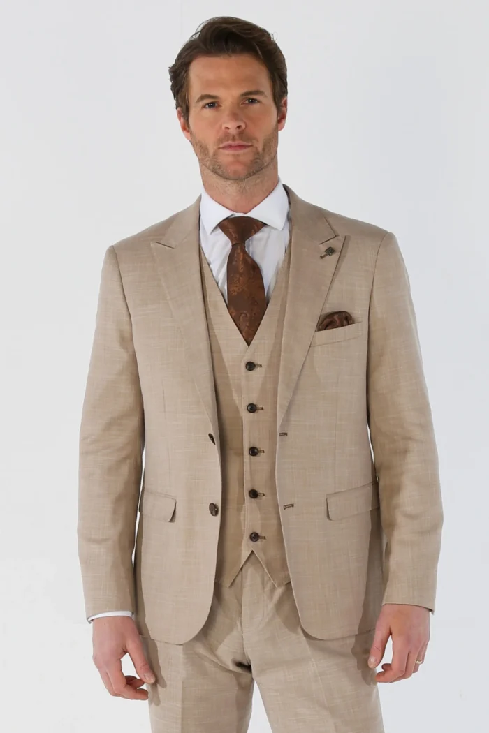 Men's Suit 3 Piece Beige Tailored Fit Summer Wedding - Image 1