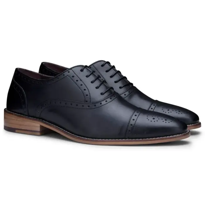 Mens Real Leather Classic Brogues Black Laced Shoes Smart Formal Leather Vintage - Image 2