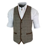 Mens Herringbone Tweed Vintage Check Waistcoat Velvet Trim Blue Brown Grey - Image 4