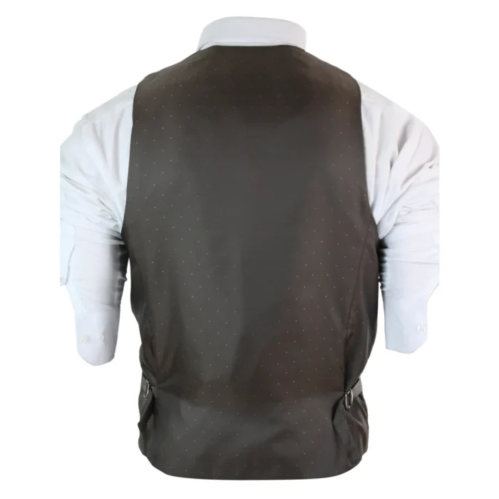Mens Herringbone Tweed Vintage Check Waistcoat Velvet Trim Blue Brown Grey - Image 6