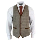Mens Herringbone Tweed Vintage Check Waistcoat Velvet Trim Blue Brown Grey - Image 5