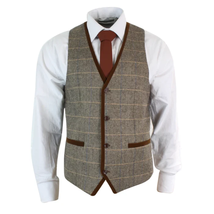Mens Herringbone Tweed Vintage Check Waistcoat Velvet Trim Blue Brown Grey - Image 5