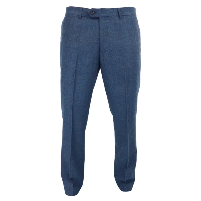 Mens Blue Trousers Herringbone Tweed Check Vintage Tailored Fit Suit - Image 1