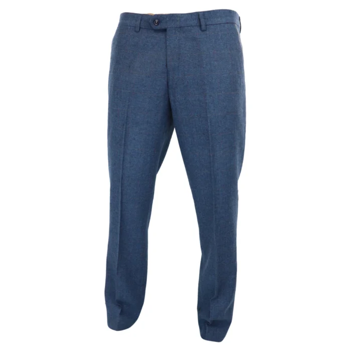 Mens Blue Trousers Herringbone Tweed Check Vintage Tailored Fit Suit - Image 2