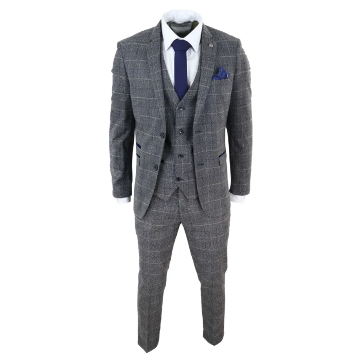 Mens Grey Check 3 Piece Suit Herringbone Tweed Vintage Tailored Fit Blue Velvet - Image 3