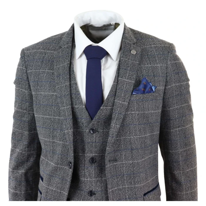 Mens Grey Check 3 Piece Suit Herringbone Tweed Vintage Tailored Fit Blue Velvet - Image 4