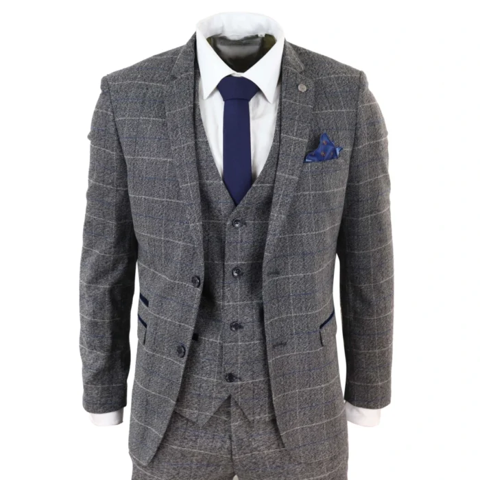 Mens Grey Check 3 Piece Suit Herringbone Tweed Vintage Tailored Fit Blue Velvet - Image 1