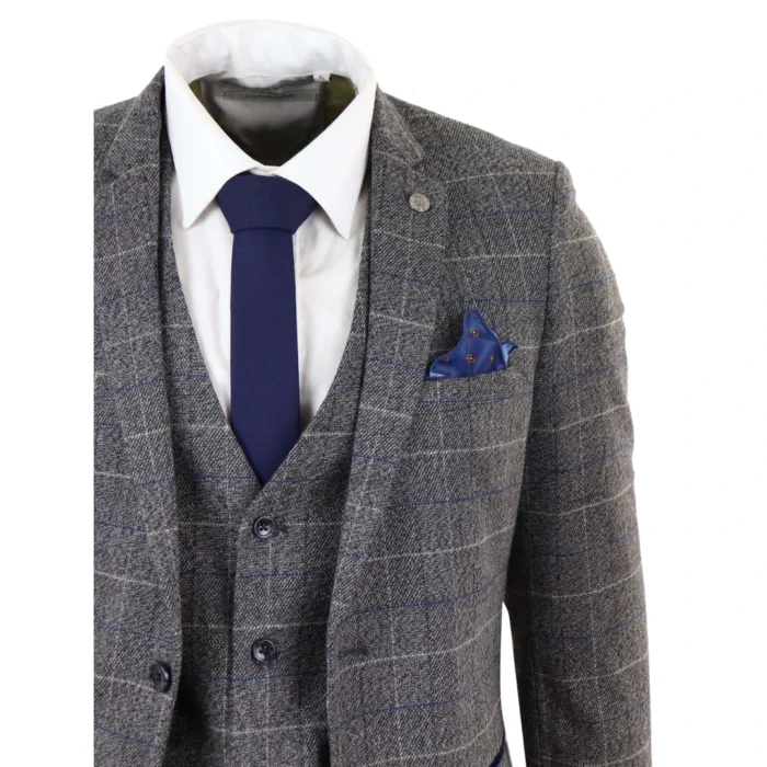 Mens Grey Check 3 Piece Suit Herringbone Tweed Vintage Tailored Fit Blue Velvet - Image 5