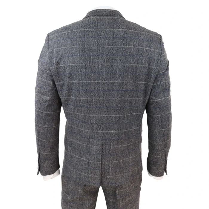 Mens Grey Check 3 Piece Suit Herringbone Tweed Vintage Tailored Fit Blue Velvet - Image 7