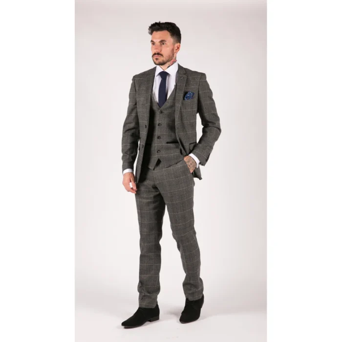 Mens Grey Check 3 Piece Suit Herringbone Tweed Vintage Tailored Fit Blue Velvet - Image 2