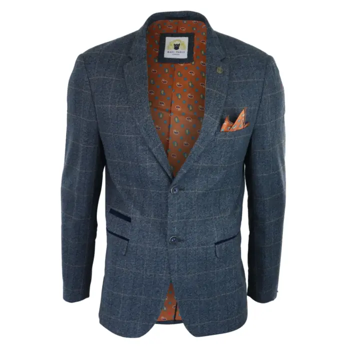 Mens Blue Check Blazer Herringbone Tweed Vintage Tailored Fit Grey Velvet - Image 1