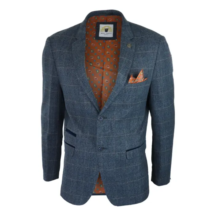 Mens Blue Check Blazer Herringbone Tweed Vintage Tailored Fit Grey Velvet - Image 2